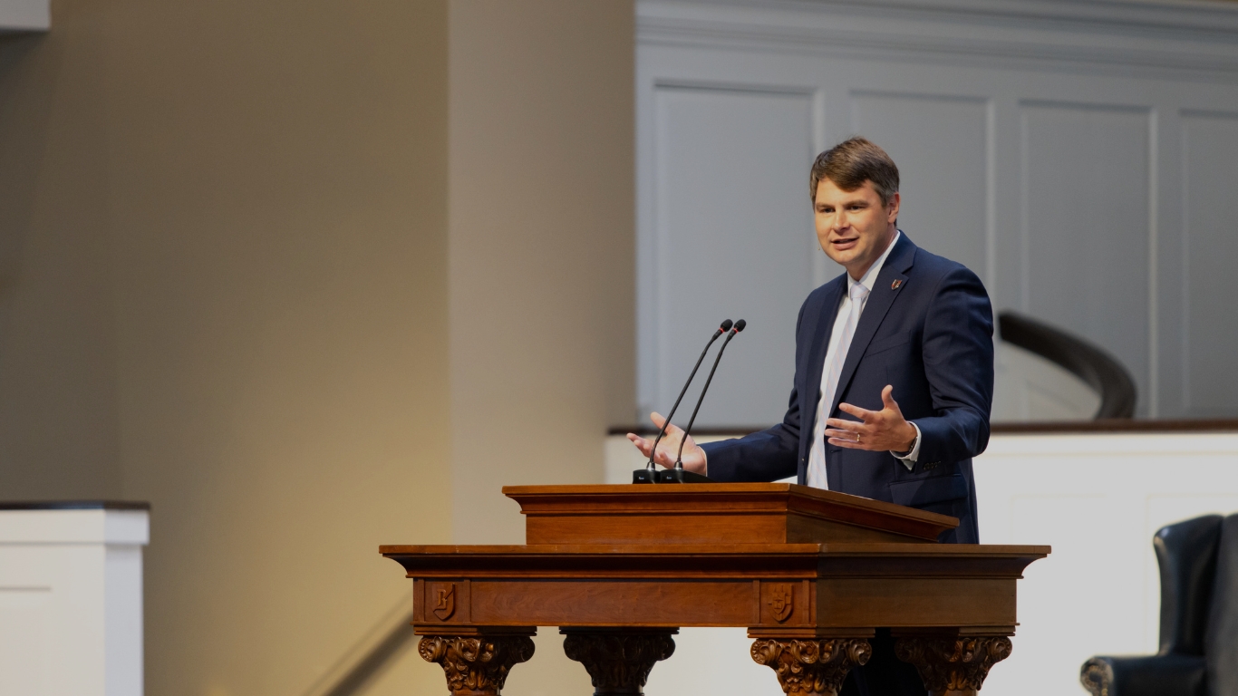 Dr. Dustin Bruce speaking in chapel