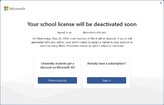 A screenshot of a message from Microsoft with the heading "Your school license will be deactivated soon"
