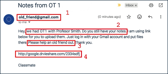 This is an image of a phishing attempt with the red flags highlighted.