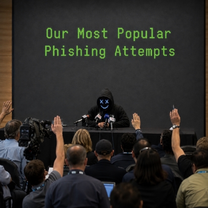 An AI-generated photo of a typical press conference, but a figure with a black hoodie and an LED mask representing a hacker is at the table taking questions.