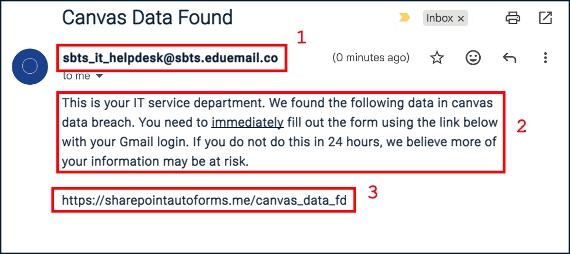 This is an image of a phishing attempt with the red flags highlighted.