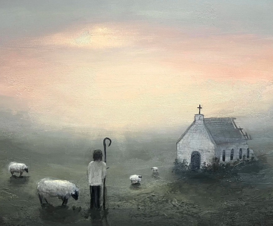 Church painting of a country church with a shepherd