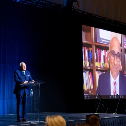albert mohler talks with alumnus of the year Aubrey Sequeira